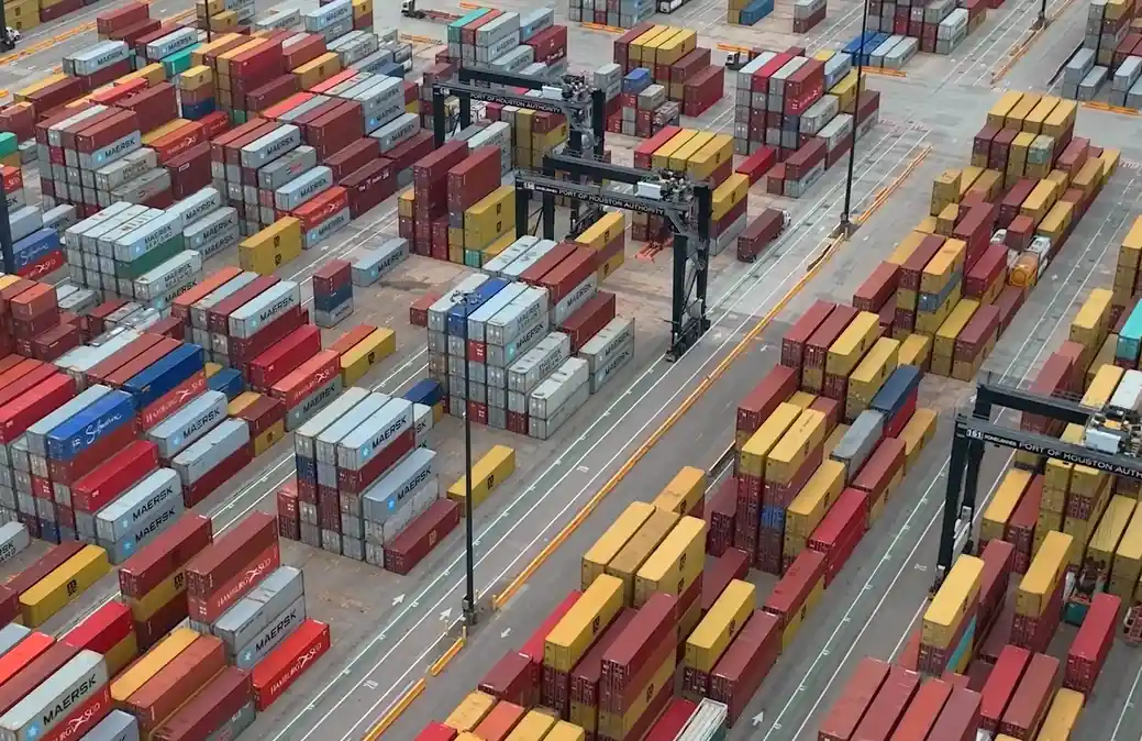 Aerial view of a port of Texas shipping containers, underscoring economic importance of Texas Gulf Coast