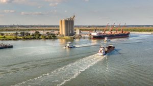 Aerial view of the Texas Gulf Coast shoreline and infrastructure protected by GCPD projects