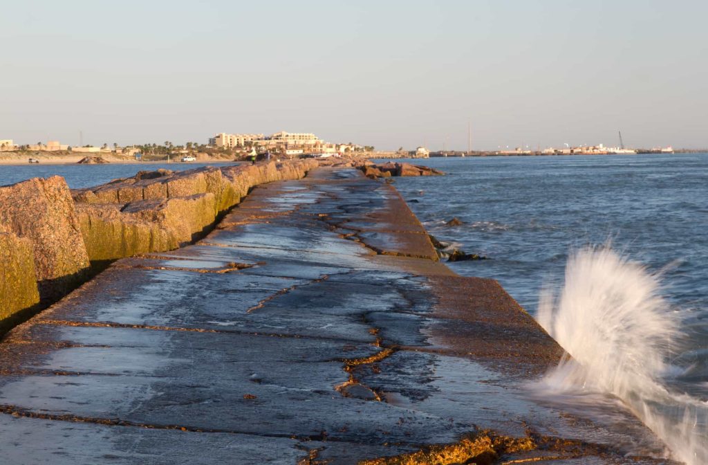 The south jetty of Port Aransas, Texas, The jetty is used frequently for fishing