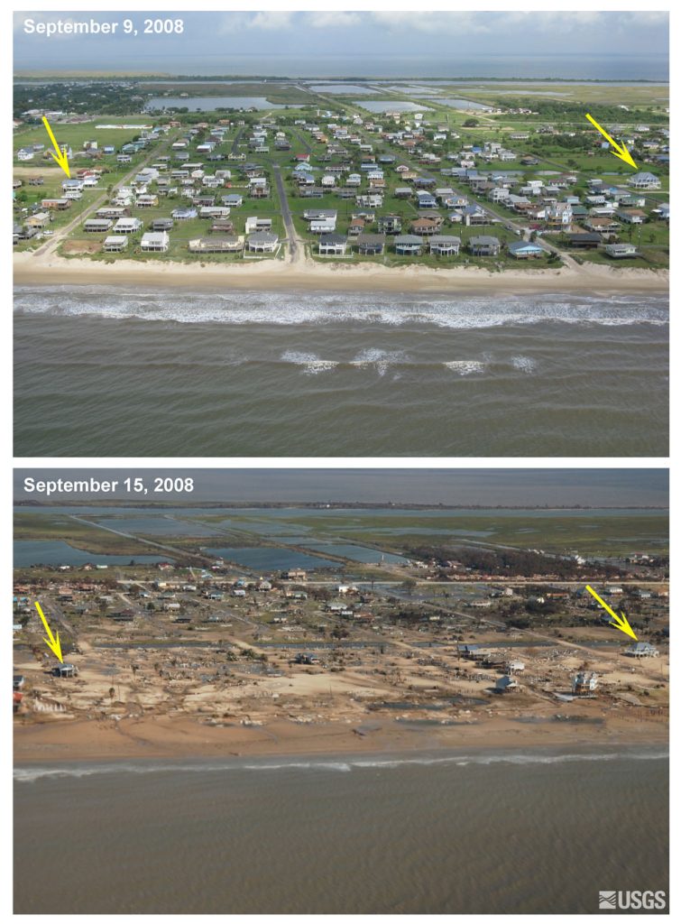 Aerial photos of the Bolivar Peninsula taken Sept. 9, 2008 (top) and Sept. 15, 2008, two days after Hurricane Ike made landfall (bottom). Beyond the loss of homes, the photos show an eroded dune face and sand carried well inland from the shoreline. Photos: U.S. Geological Survey.